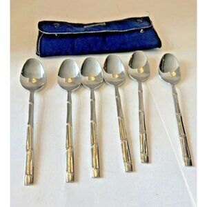 PRESENT Japan Stainless BORNES Line 6 Teaspoons Dotted Bamboo Handle 6.5"‎